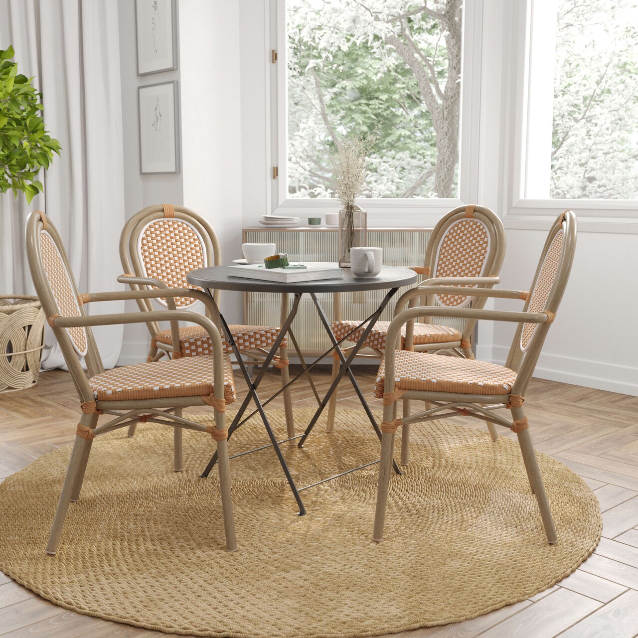 Merrick Lane Celia Set of Four Stacking Thonet Bistro Style Chair with Arms, PE Rattan Seat, and Metal Frame for Indoor/Outdoor Use